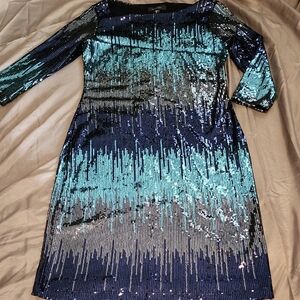 Karen Kane Blue Sheath Dress 3/4 Sleeve Bateau Neckline